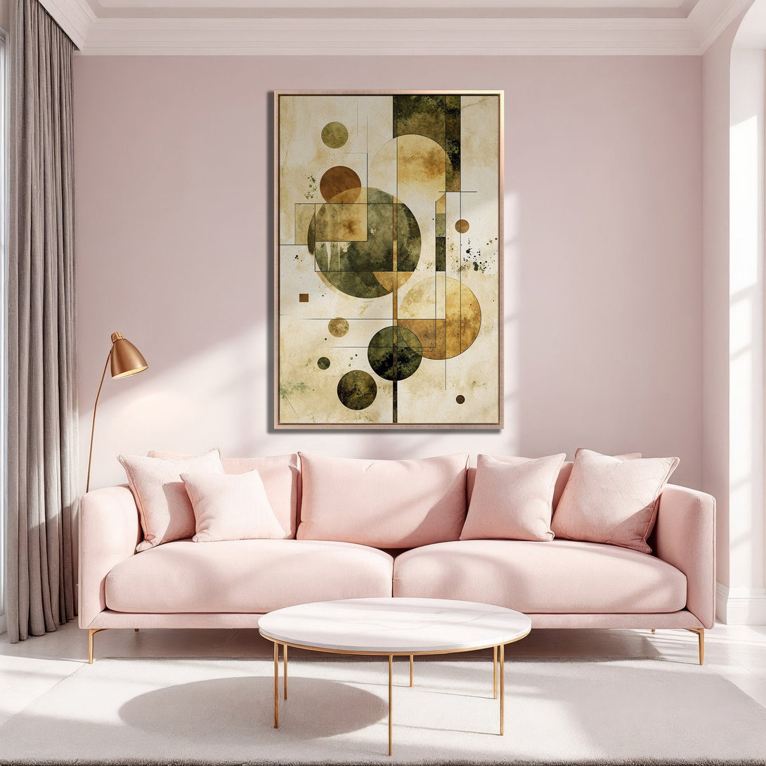 Framed Wall Art featuring abstract geometric design in earthy tones. Modern art canvas print adds a touch of elegance to any living room.