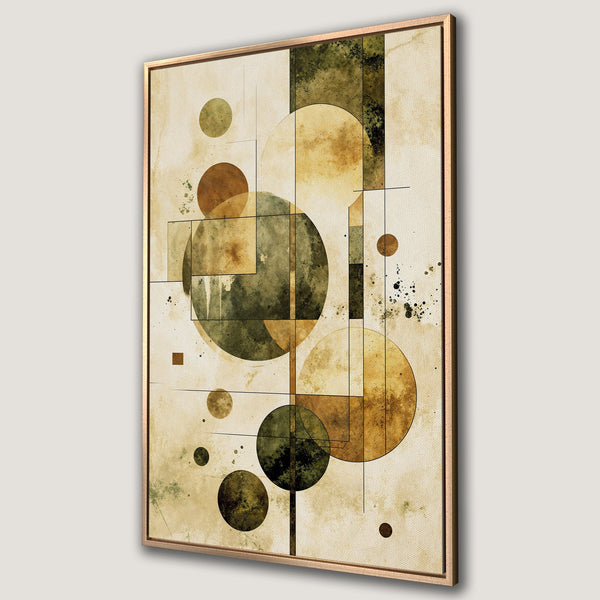 Framed Wall Art featuring an abstract geometric design with circles and squares in earthy tones of green, brown, and beige. Modern art for your home.