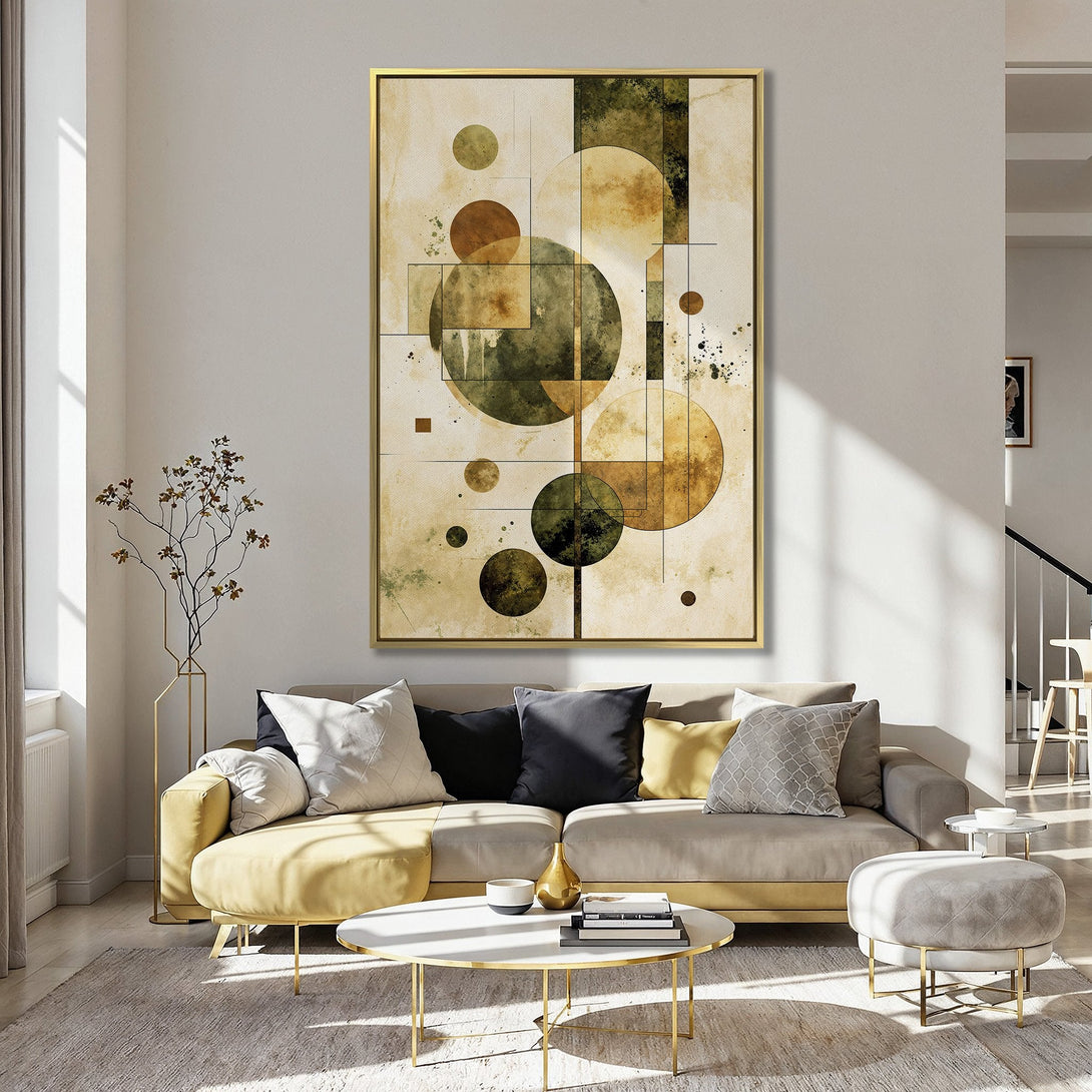 Abstract Canvas Print in neutral tones. Geometric design with circles and squares. Warm, earthy color palette. Perfect for modern home decor.