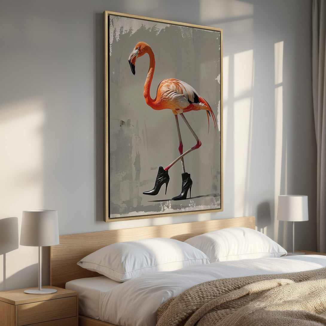 Framed Wall Art: Playful flamingo in high heels. Modern art with orange, pink, and gray tones. Unique home decor for a stylish bedroom.