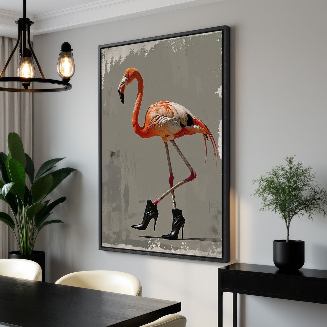 Framed Wall Art: Whimsical flamingo in heels. Modern abstract style with orange, gray, and black color palette. Perfect for adding a touch of fun to any space.