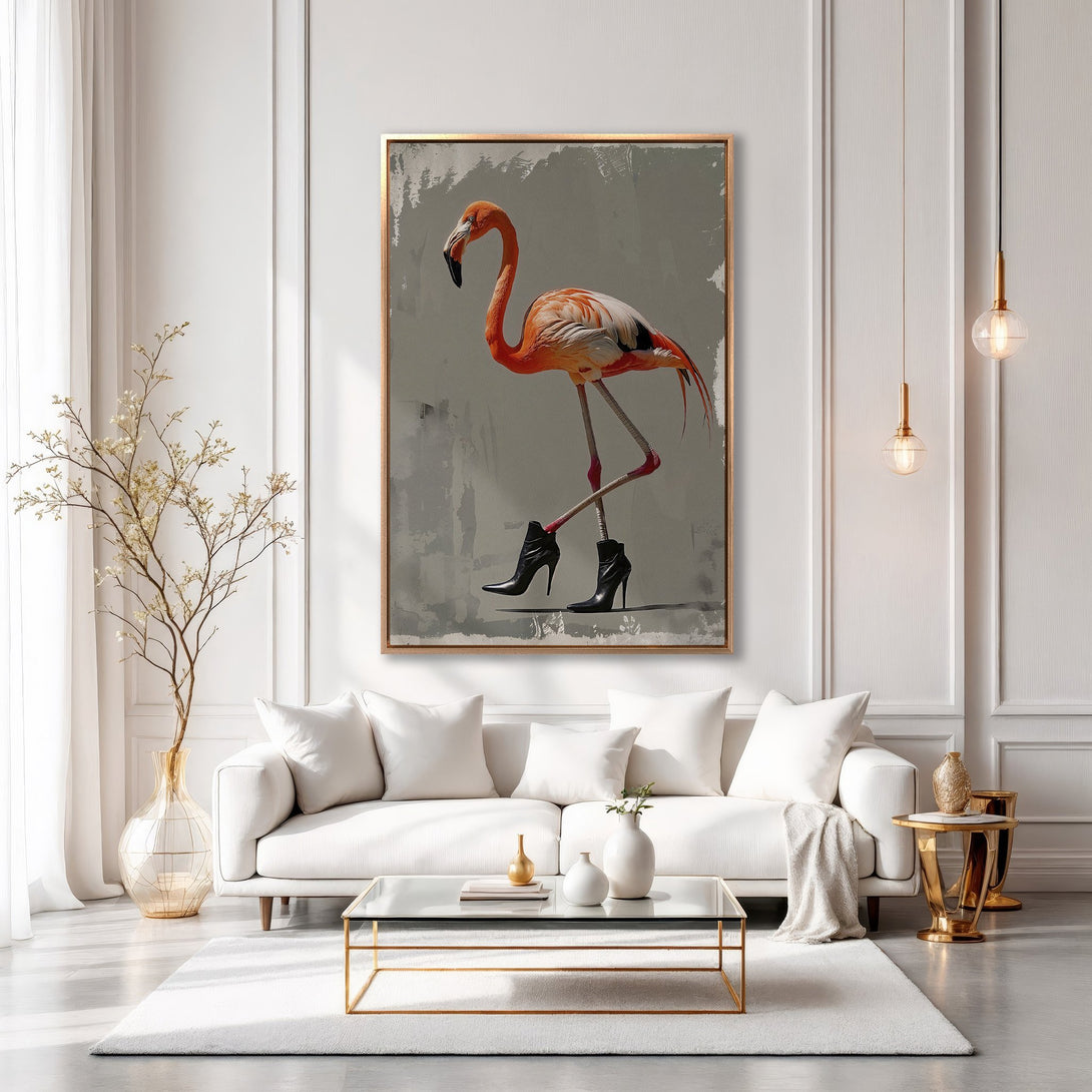 Framed Wall Art: Stylish flamingo in high heels. Modern art canvas print with a neutral gray and white palette, perfect for a chic living room.