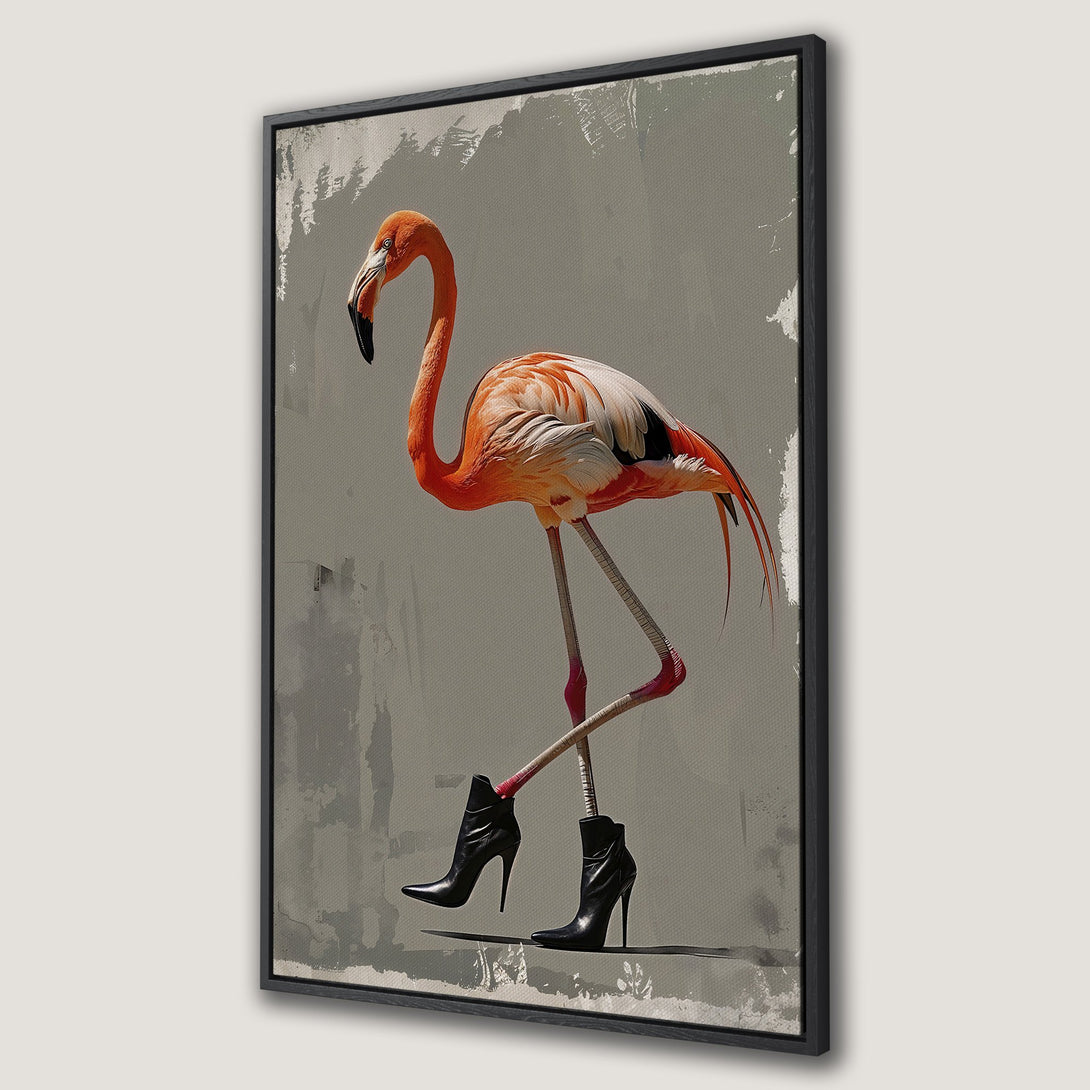Framed Wall Art featuring a flamingo in heels. Modern, quirky artwork with a neutral gray and orange color palette. Perfect for adding style to your home.