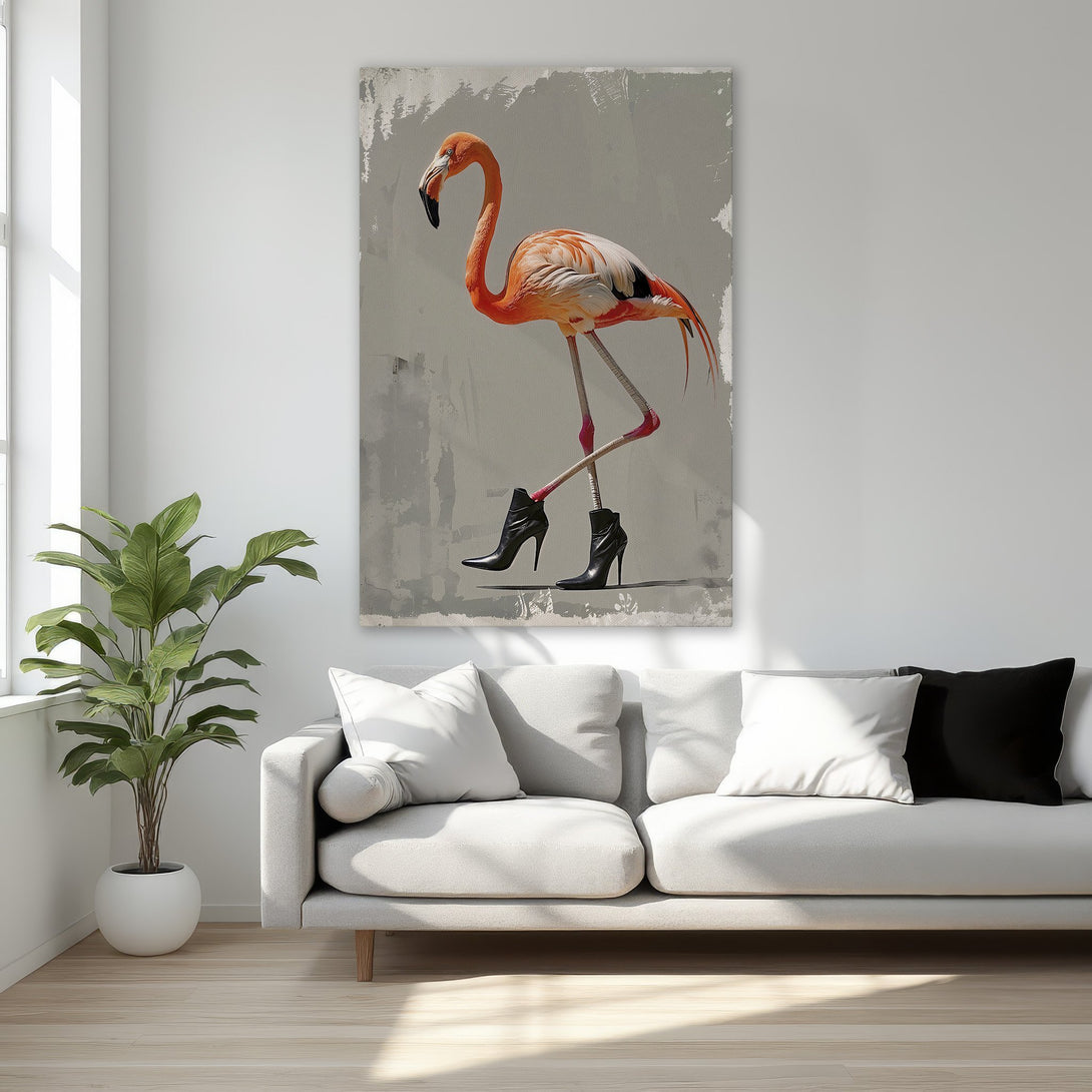 Framed Wall Art: Whimsical flamingo in high heels. Modern abstract style, orange and grey palette. Perfect for adding a touch of fun to your home decor.