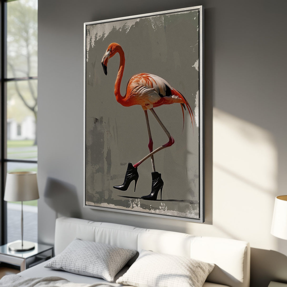 Framed Wall Art: Playful flamingo in high heels. Modern art with orange, black, and gray tones. Perfect for adding a touch of whimsy to any space.