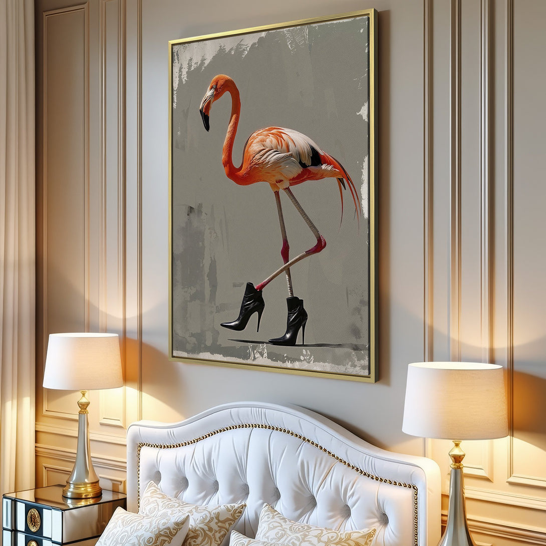 Canvas Print of a flamingo in high heels. Modern art style with orange, pink, and grey color palette. Perfect for adding a unique touch to your home decor.