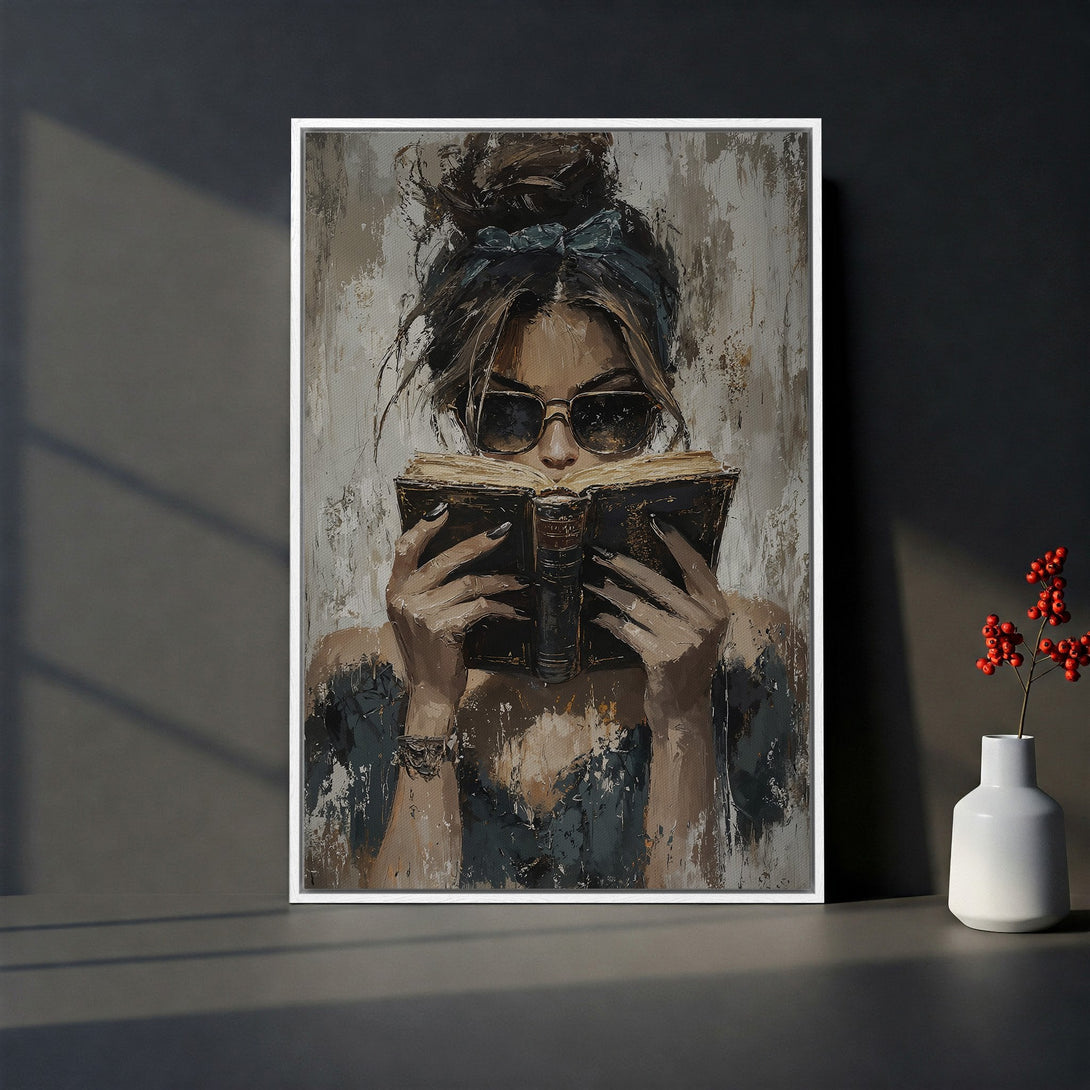 Framed Wall Art: Abstract portrait of a woman reading. Earthy tones and teal accents create a stylish, modern Canvas Print perfect for any room.
