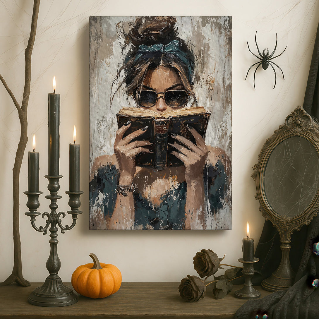 Framed Wall Art: Stylish woman reading, modern abstract style, neutral & dark color palette, perfect for home decor.