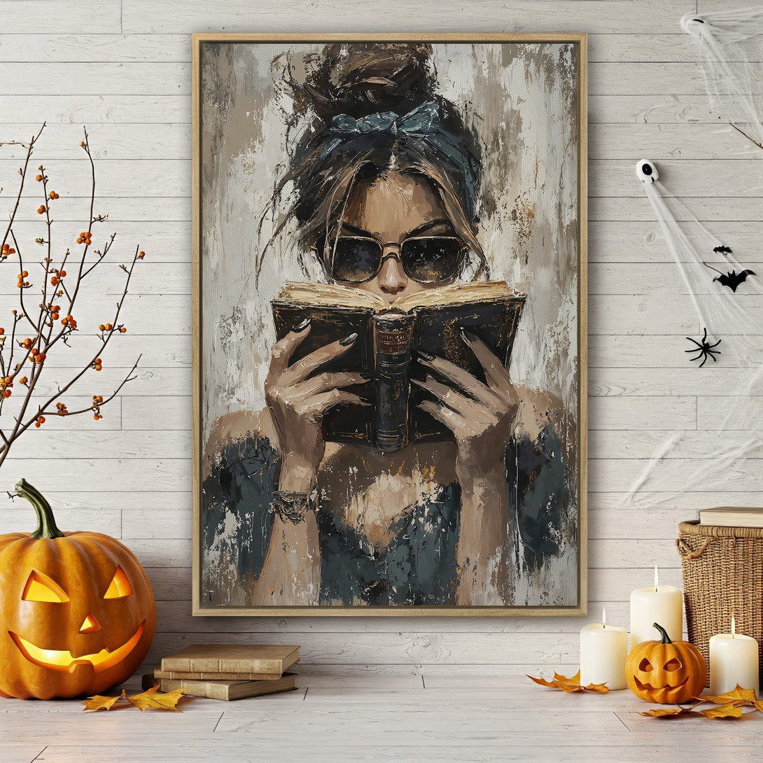 Framed Wall Art of woman reading, abstract style with neutral & teal palette. Perfect for fall decor. Add a touch of art to your space!