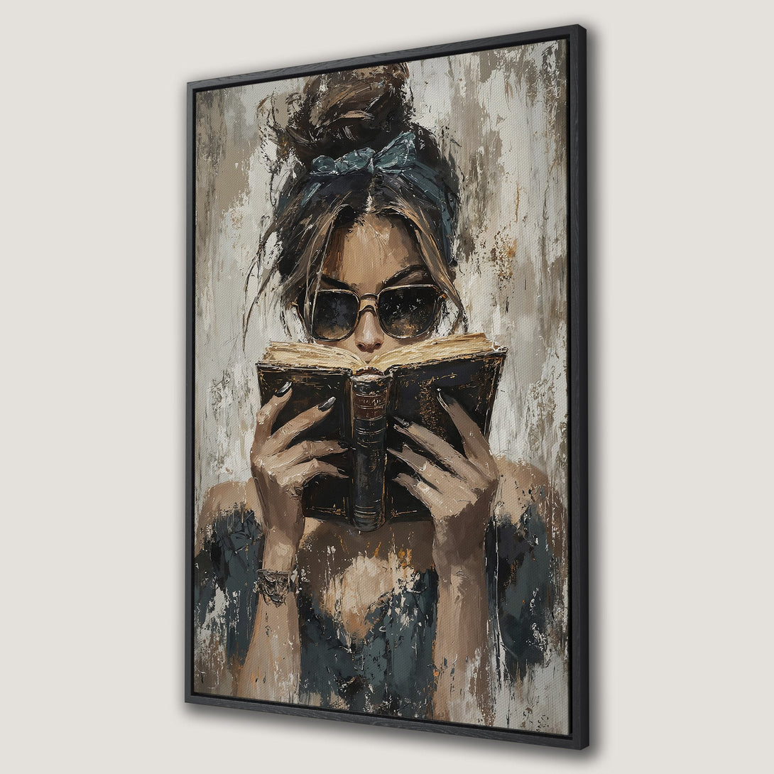 Framed Wall Art: Stylish woman reading, abstract oil painting in neutral tones. Perfect for modern decor. Add a touch of sophistication to your space!