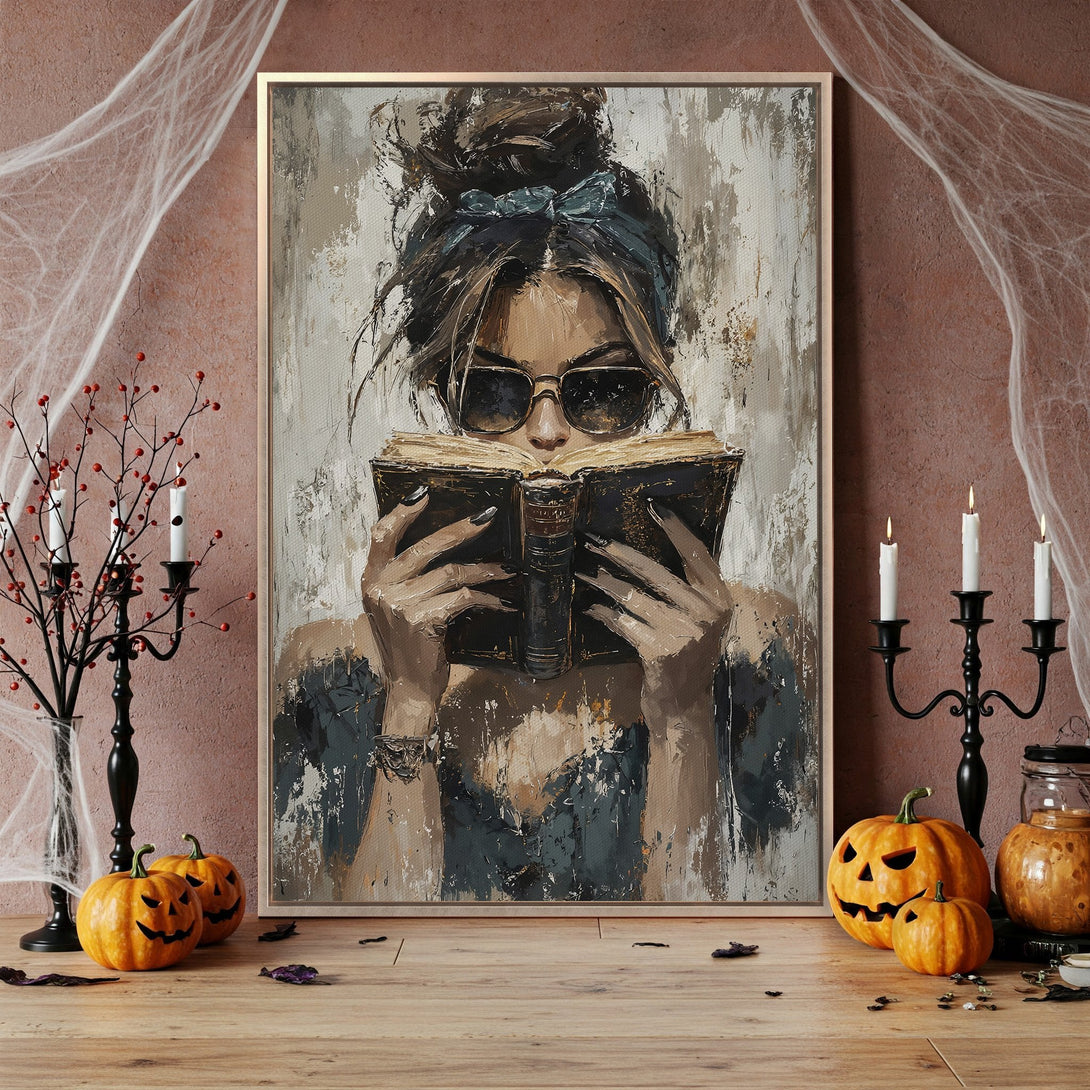 Framed Wall Art: Abstract portrait of woman reading. Neutral color palette with pops of dark blue. Perfect for modern decor and Halloween vibes.