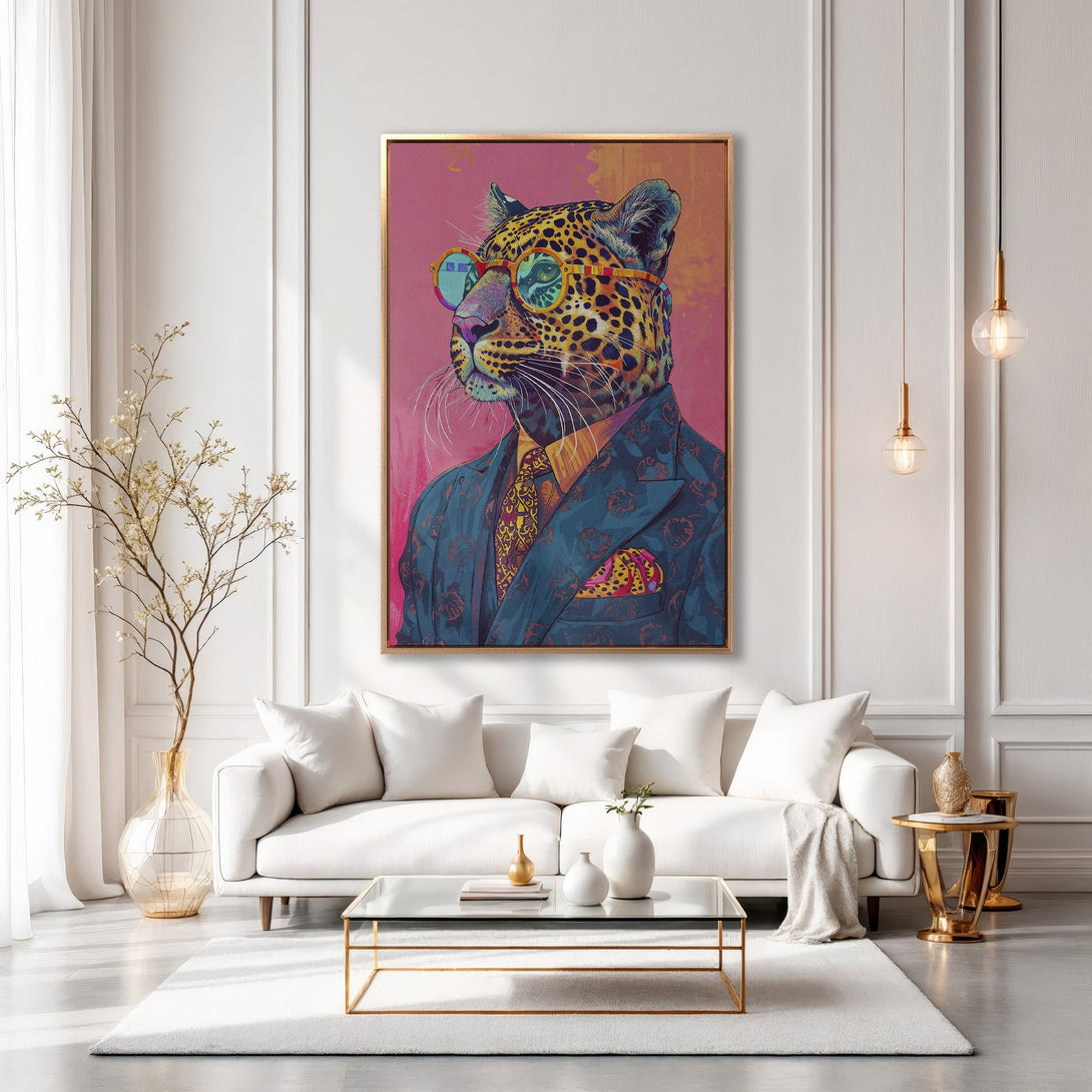 Framed Wall Art: Dapper leopard in suit & glasses, pop art style. Pink, blue, and gold color palette. Perfect for modern home decor.