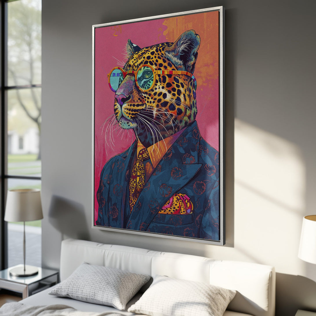 Framed Wall Art: Stylish leopard in a suit with glasses. Pop art style with vibrant pink, blue, and orange color palette. Perfect for modern home decor.