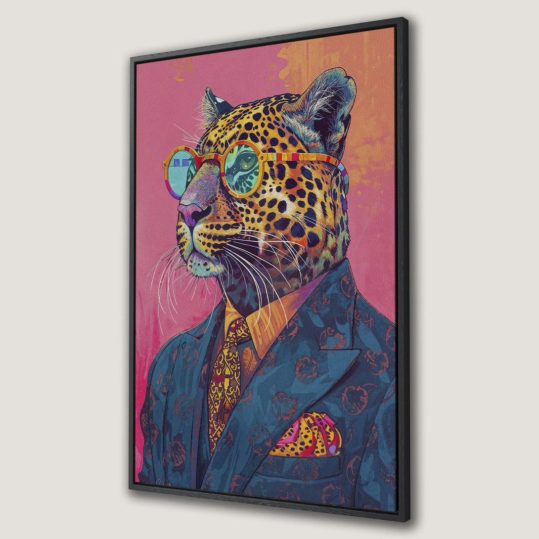 Framed Wall Art featuring a dapper leopard in a suit, vibrant pop art style. Bold pink, blue, and yellow color palette. Add a touch of wild sophistication to your space!