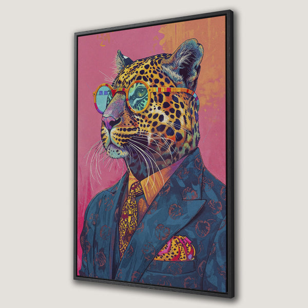 Framed Wall Art featuring a dapper leopard in a suit, vibrant pop art style. Bold pink, blue, and yellow color palette. Add a touch of wild sophistication to your space!
