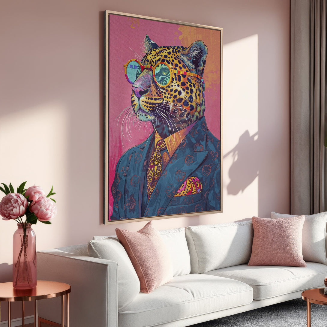 Framed Wall Art: Stylish leopard in a suit with sunglasses. Pop art style with pink, teal, and gold color palette. Perfect for modern home decor.