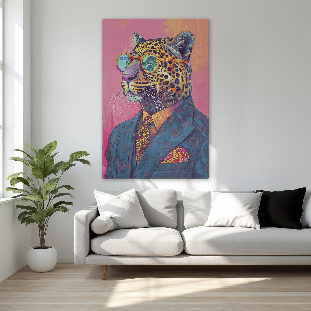 Framed Wall Art: Stylish leopard in suit with glasses. Pop art style, vibrant pink, teal, and gold color palette. Perfect for modern home decor.