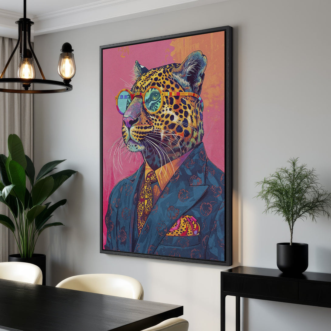 Framed Wall Art: Hipster leopard canvas print in vibrant colors. Pop art style with pink, blue, yellow, and orange palette. Perfect statement piece for any room!