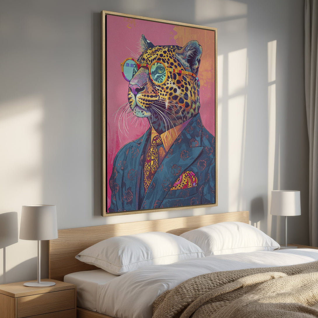 Framed Wall Art: Stylish leopard in a suit with sunglasses. Vibrant, pop art style with pink, blue, and yellow color palette. Perfect for a modern bedroom.
