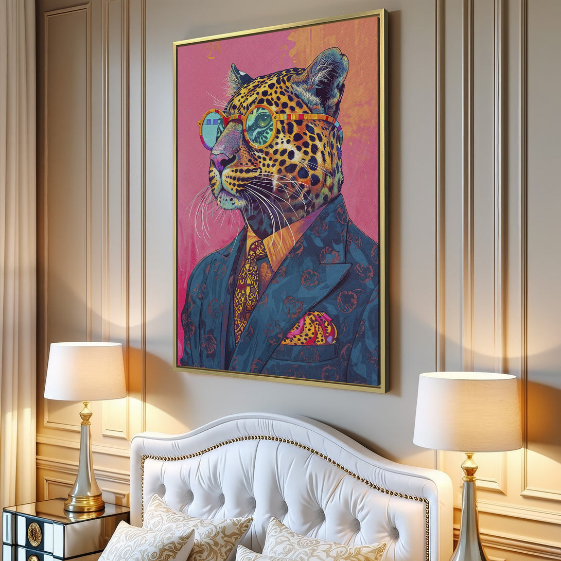 Canvas Print of a dapper leopard in a suit, vibrant pop art style with pink, blue, and yellow hues. Unique wall art for a stylish home!