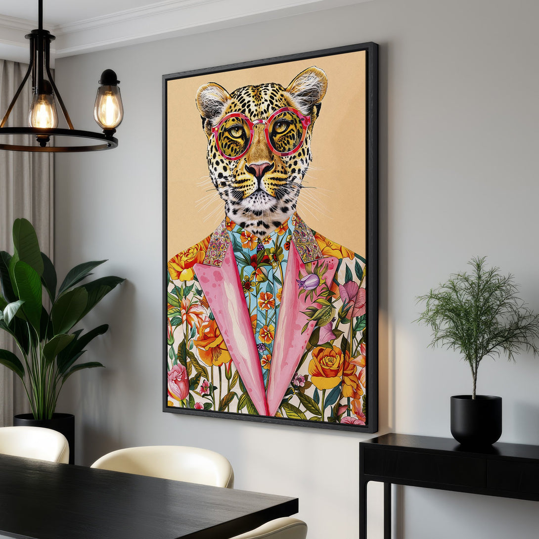 Framed Wall Art featuring a stylish leopard in a floral suit. Vibrant, colorful artwork with a modern, whimsical style. Perfect for adding personality to any room.