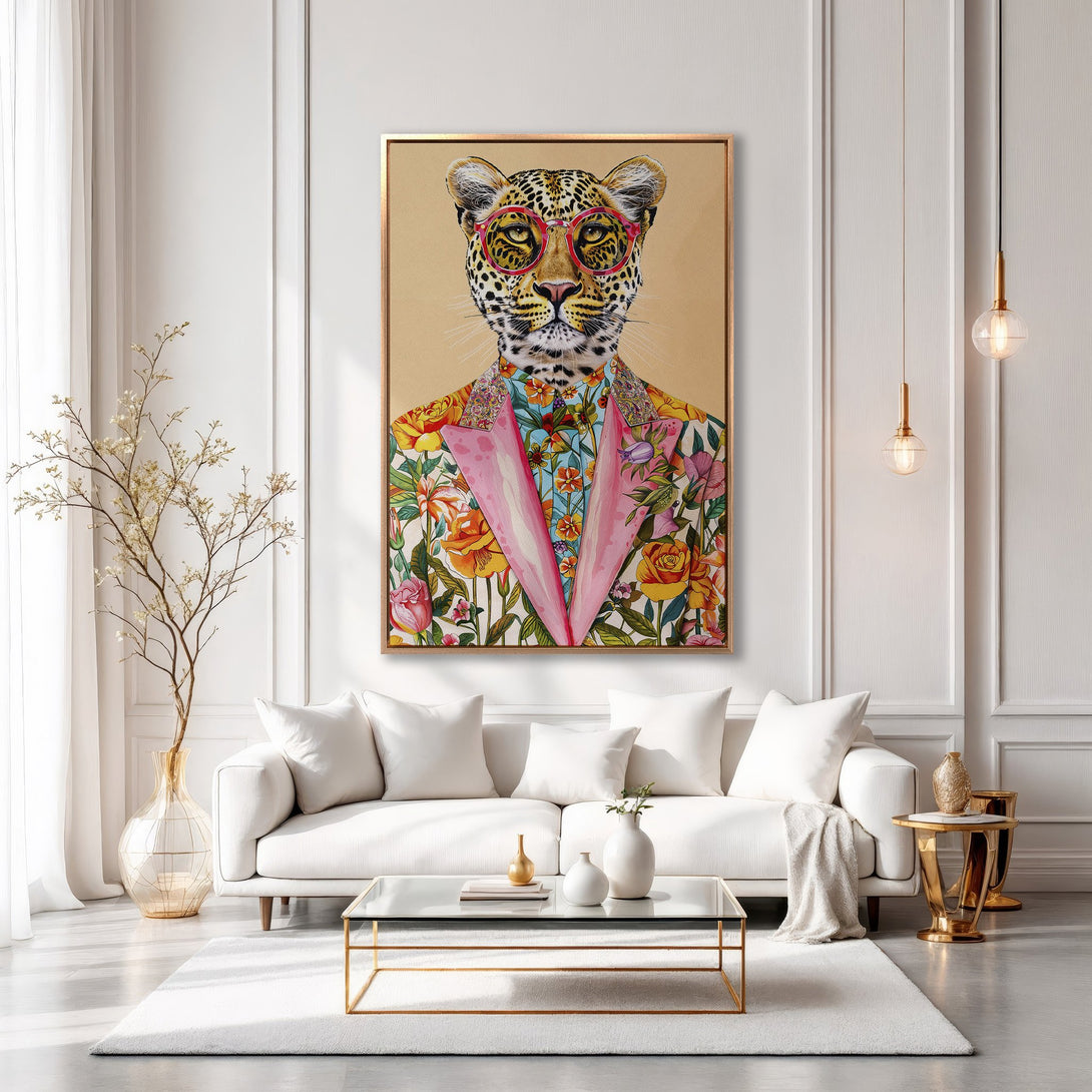 Framed Wall Art featuring a leopard in a floral suit. Modern, eclectic style with a vibrant, colorful palette. Perfect for a stylish living room.