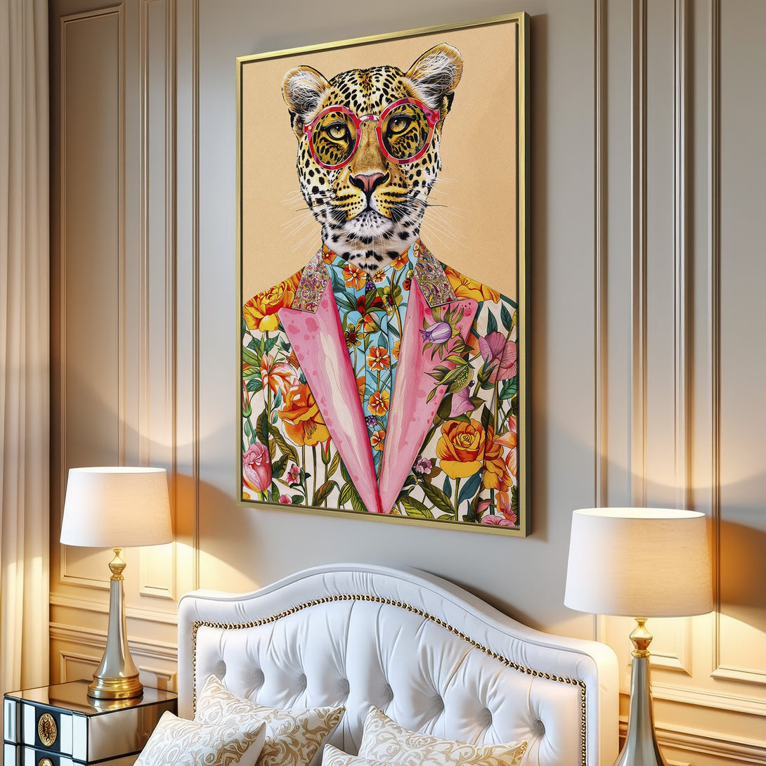 Canvas Print featuring a stylish leopard in a floral suit. Vibrant colors and a whimsical, modern art style. Perfect for adding personality to any room.
