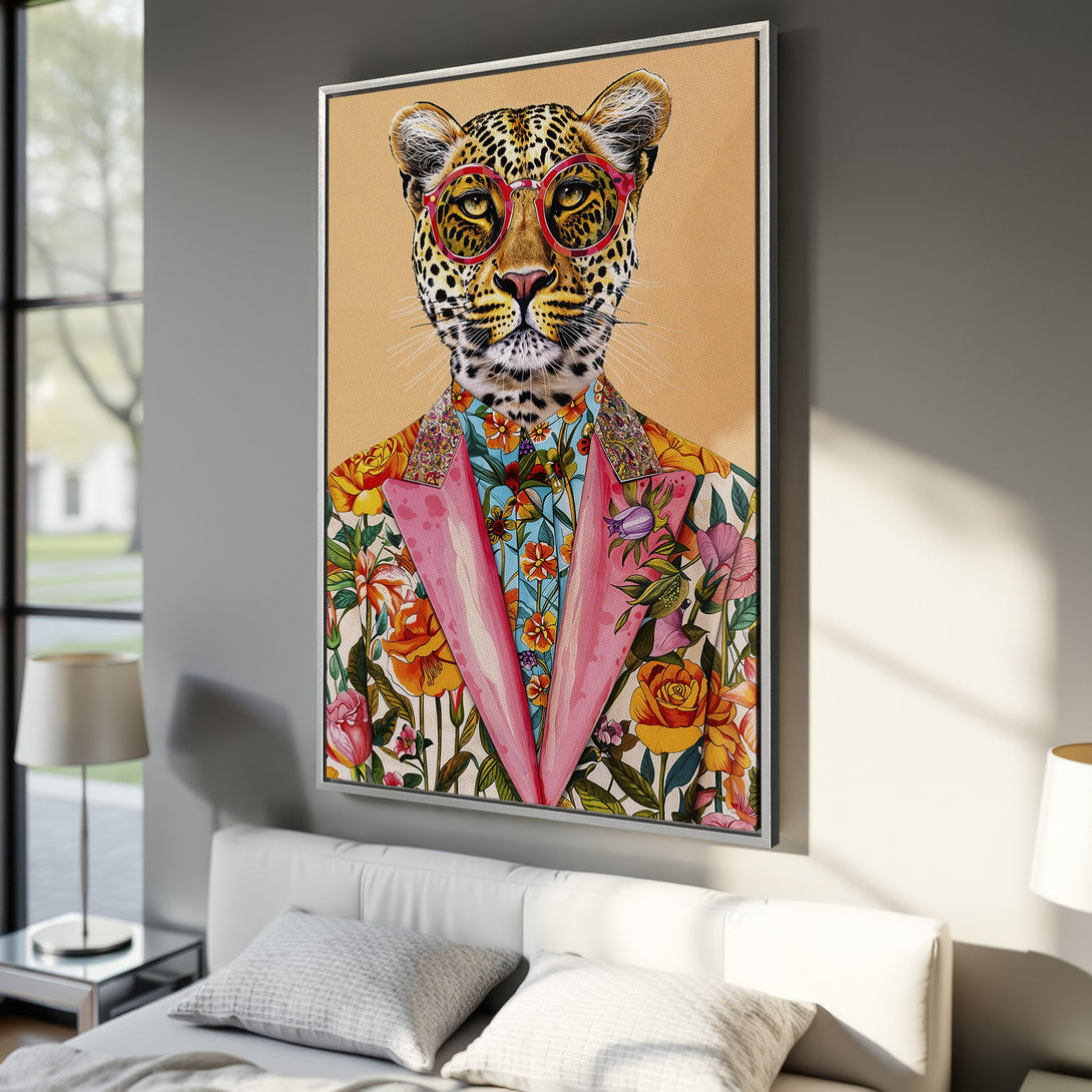 Framed Wall Art: Stylish leopard portrait in colorful floral suit with red glasses. Perfect wall decor for a modern, vibrant interior.