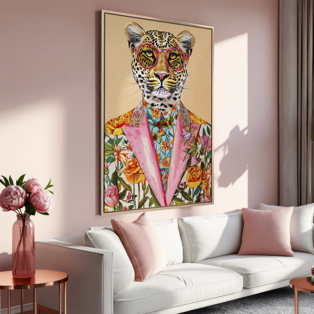 Framed Wall Art: Stylish leopard portrait in a floral suit, pink and gold color palette. Perfect for adding a touch of whimsy to your home decor.