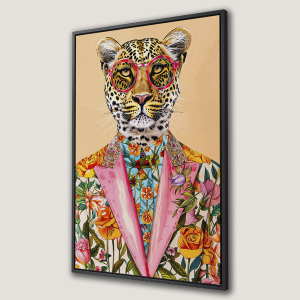 Framed Wall Art: Stylish leopard in floral suit and glasses. Vibrant, colorful canvas print with a touch of whimsy. Perfect for modern decor.