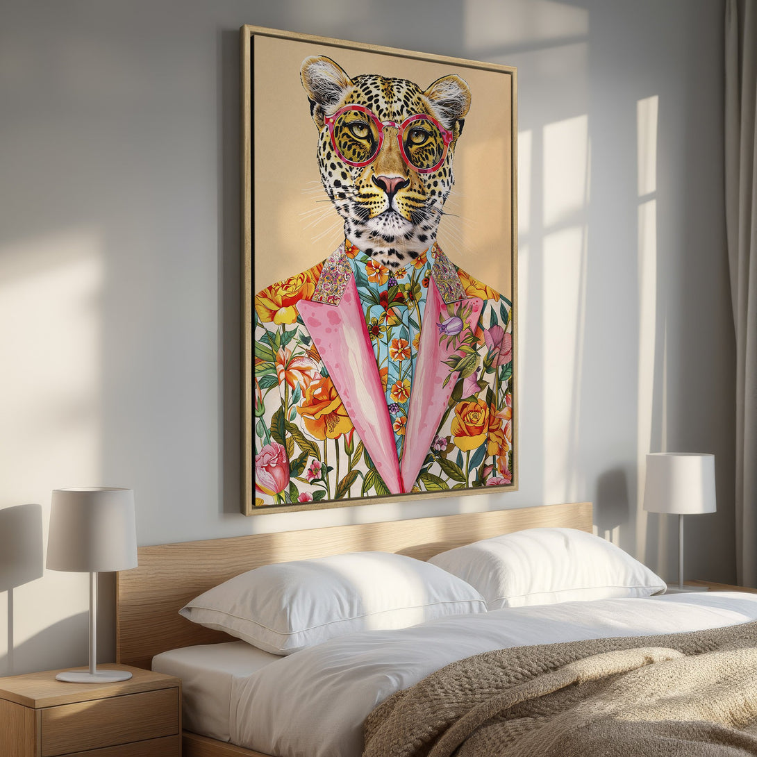 Framed Wall Art: Hipster leopard Canvas Print in a bedroom. Colorful floral blazer and pink glasses. Modern, vibrant art with a warm color palette.