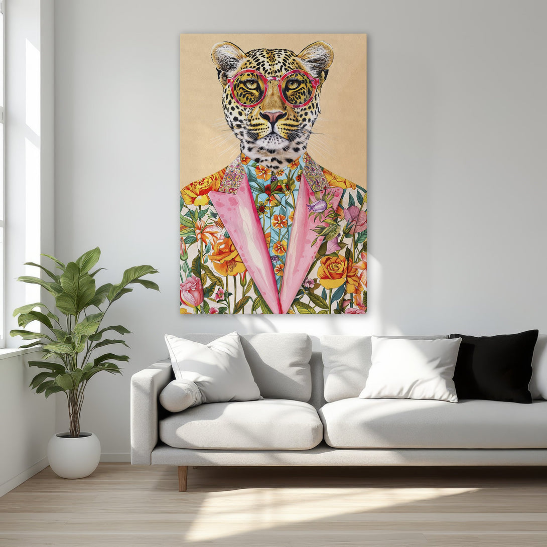 Framed Wall Art: Stylish leopard in a floral suit. Vibrant colors pop in this unique Canvas Print, perfect for adding personality to any space.