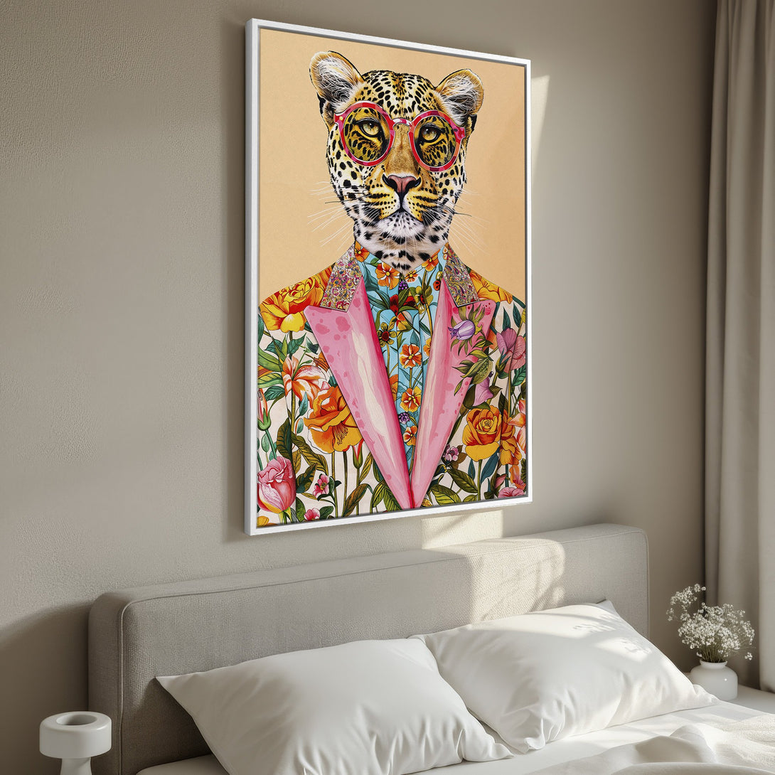 Framed Wall Art: Stylish leopard portrait with floral suit, vibrant colors. Perfect for adding personality to your bedroom decor. Shop now!