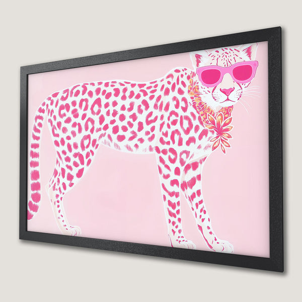 Framed Poster featuring a stylish leopard in pink and white, perfect wall art for a pop of color.