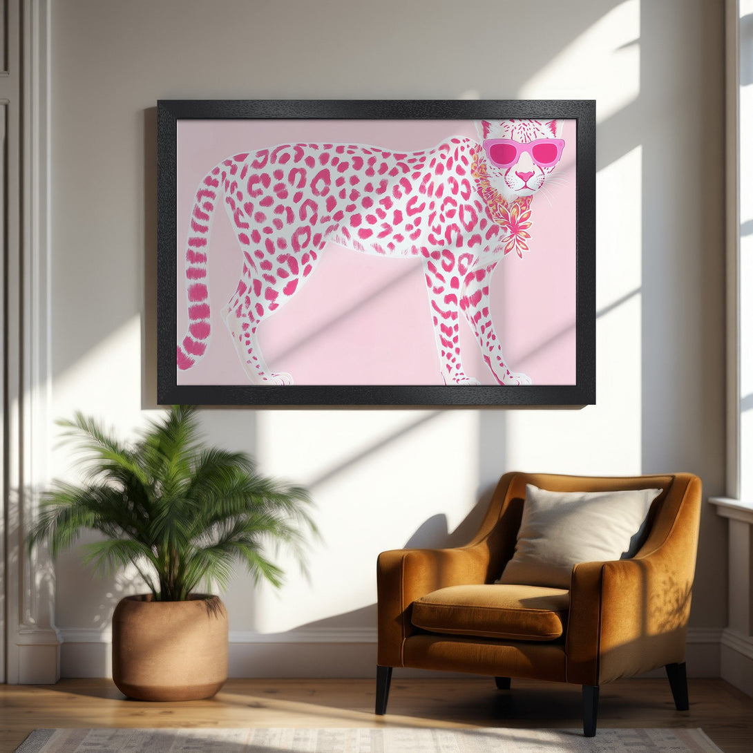 Framed Poster featuring a stylish cheetah with pink spots and sunglasses, pop art style, on a pink background. Perfect wall art!