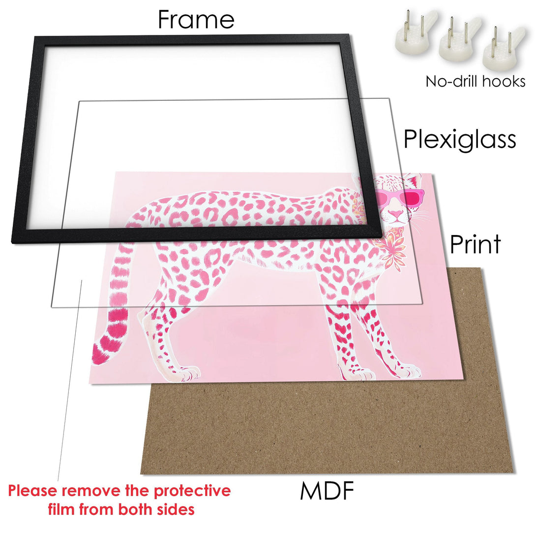 Framed Poster featuring a pink cheetah print, modern style, and pink color palette. Perfect wall art!