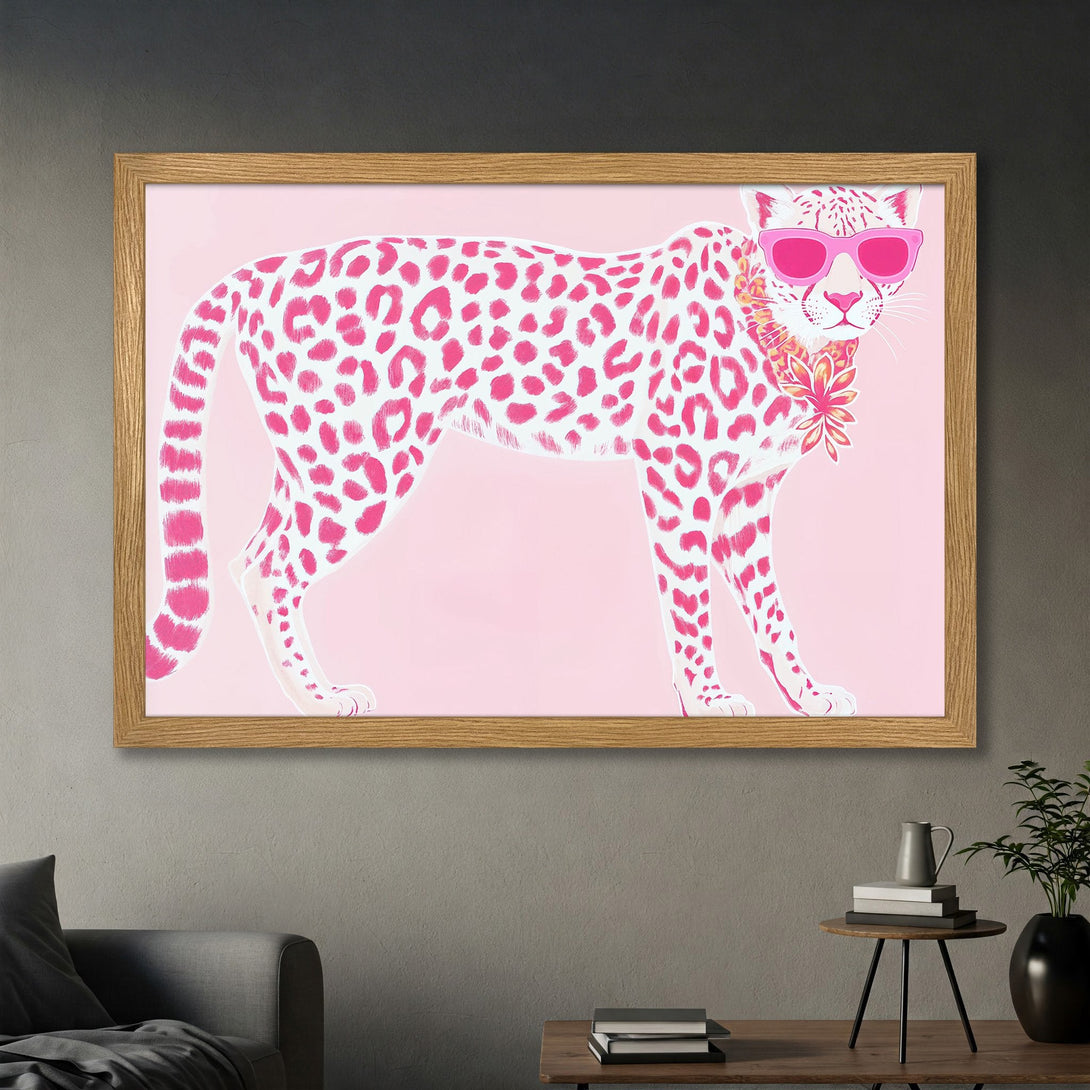 Framed Poster featuring a stylish pink cheetah with sunglasses. Modern art print with a pink and white color palette, perfect wall decor.