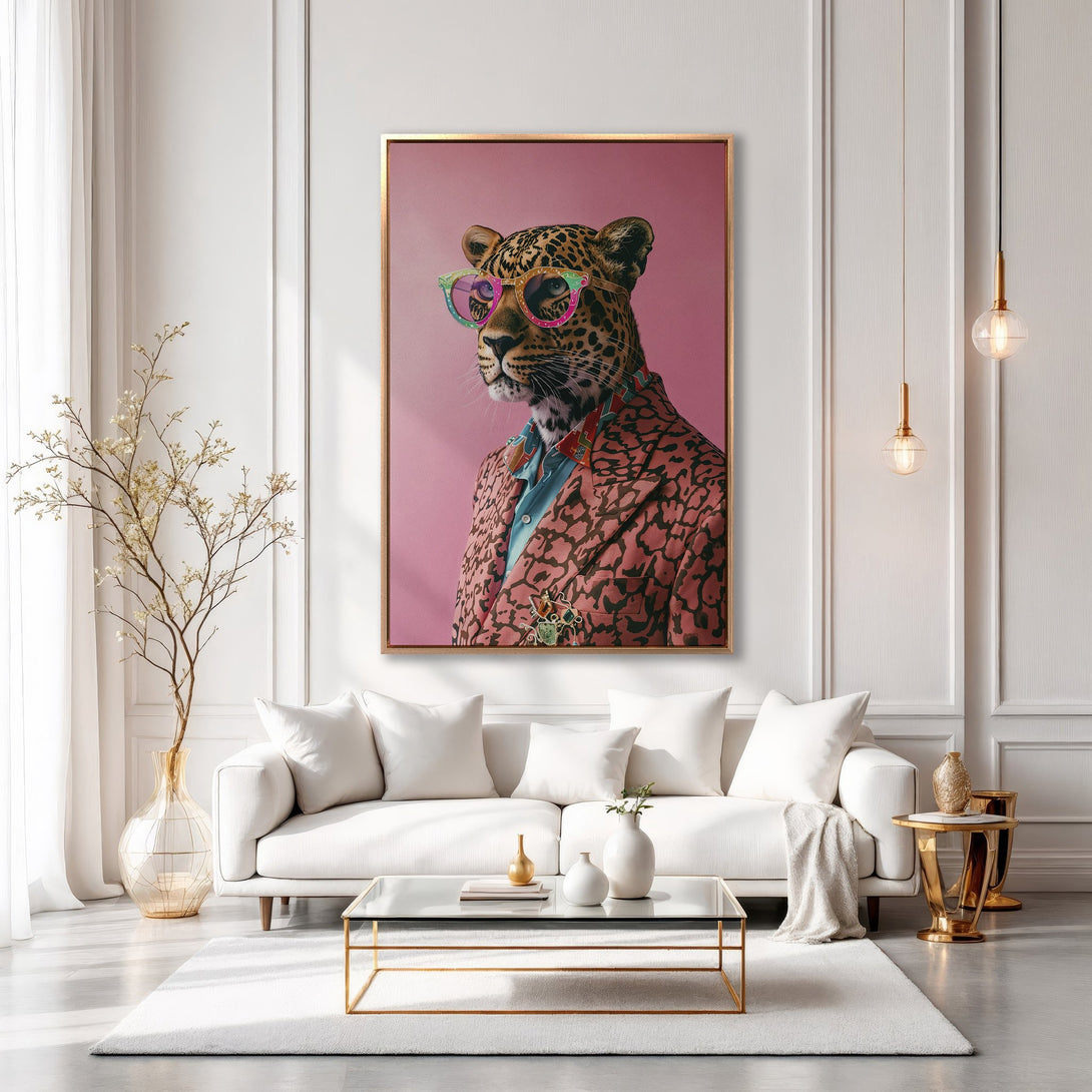 Framed Wall Art featuring a stylish leopard in a pink suit and sunglasses. Modern, colorful art for home decor. Adds a pop of color to any room.