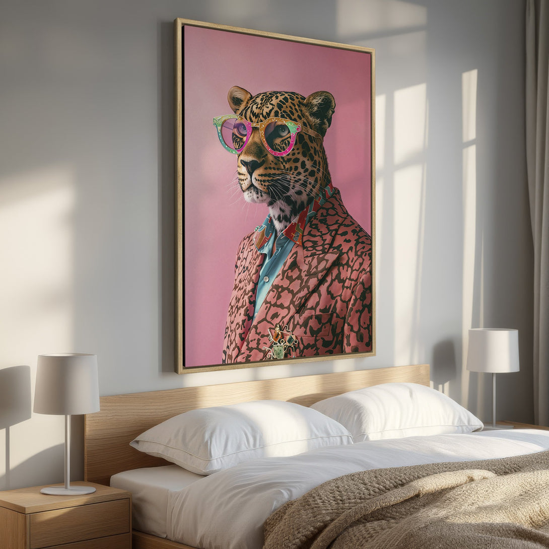 Framed Wall Art: Stylish leopard portrait with pink & brown tones. Add a touch of whimsy to your bedroom decor! Shop now!