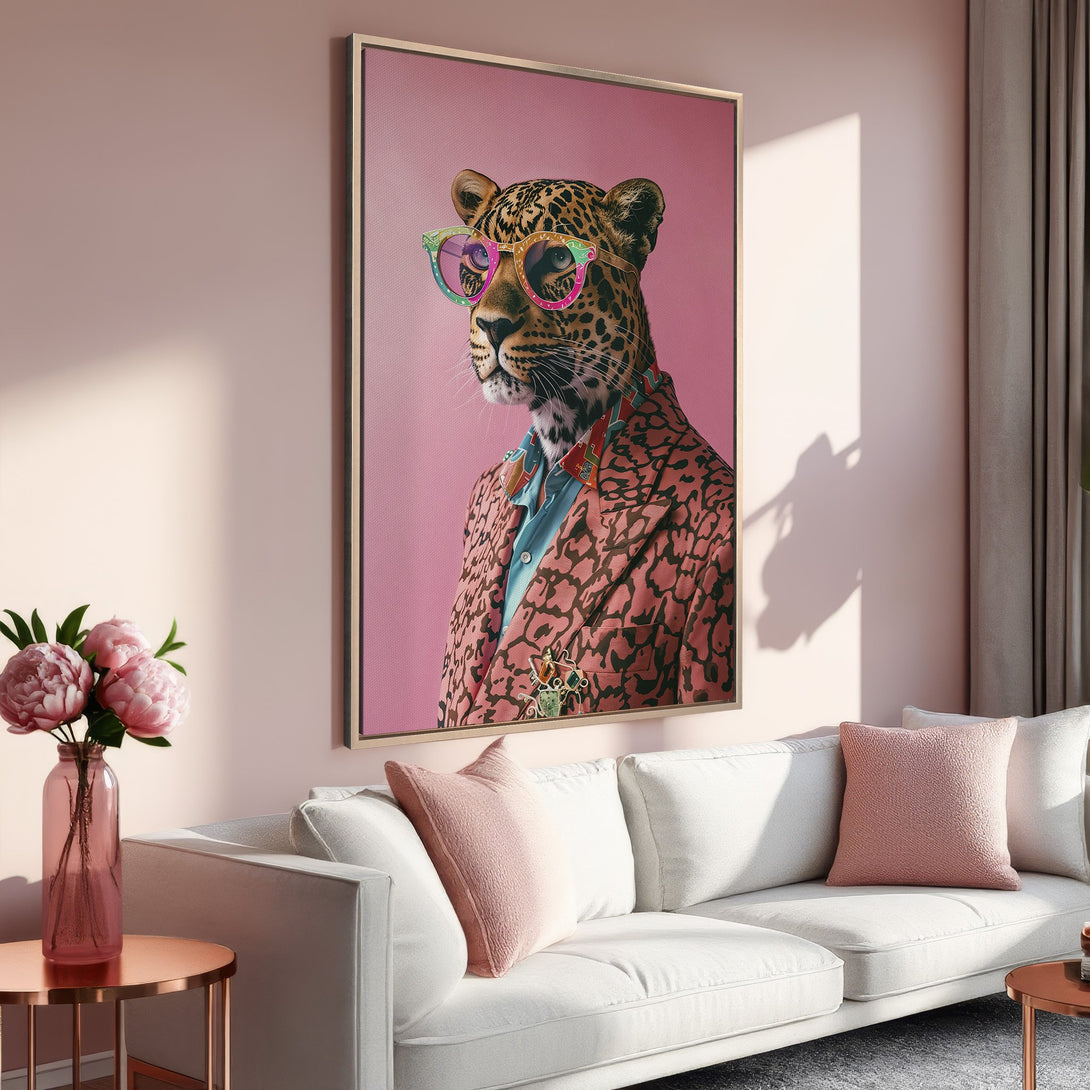 Framed Wall Art: Stylish leopard portrait in a pink and brown color palette. Perfect for adding a touch of quirky elegance to your home decor.