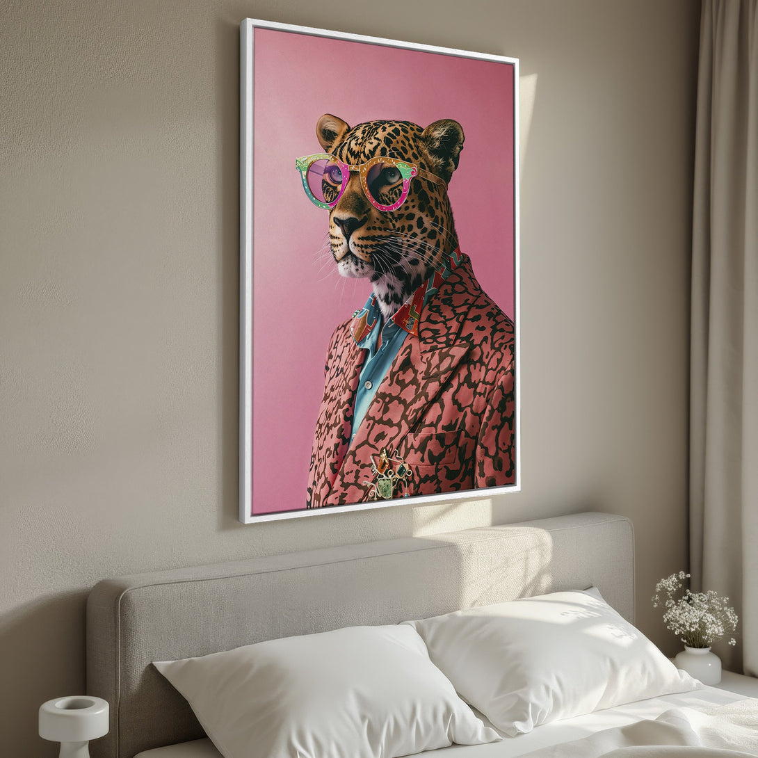 Framed Wall Art featuring a stylish leopard in a pink suit and glasses. Modern art with a vibrant pink and brown color palette. Perfect for home decor.