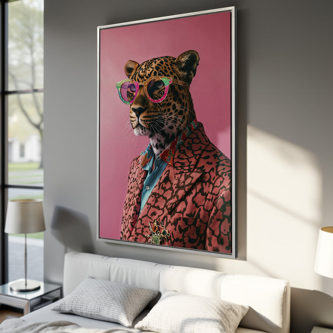 Framed Wall Art: Stylish leopard portrait with pink and teal accents. Modern canvas print for a pop of personality in any room.