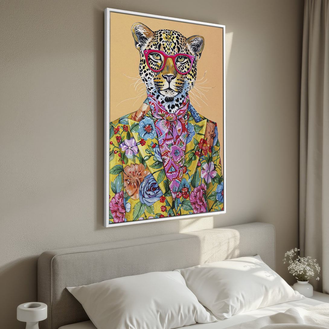 Framed Wall Art: Hipster leopard portrait with floral jacket, pink glasses. Vibrant watercolor style with yellow, blue, and pink color palette. Perfect for home decor.
