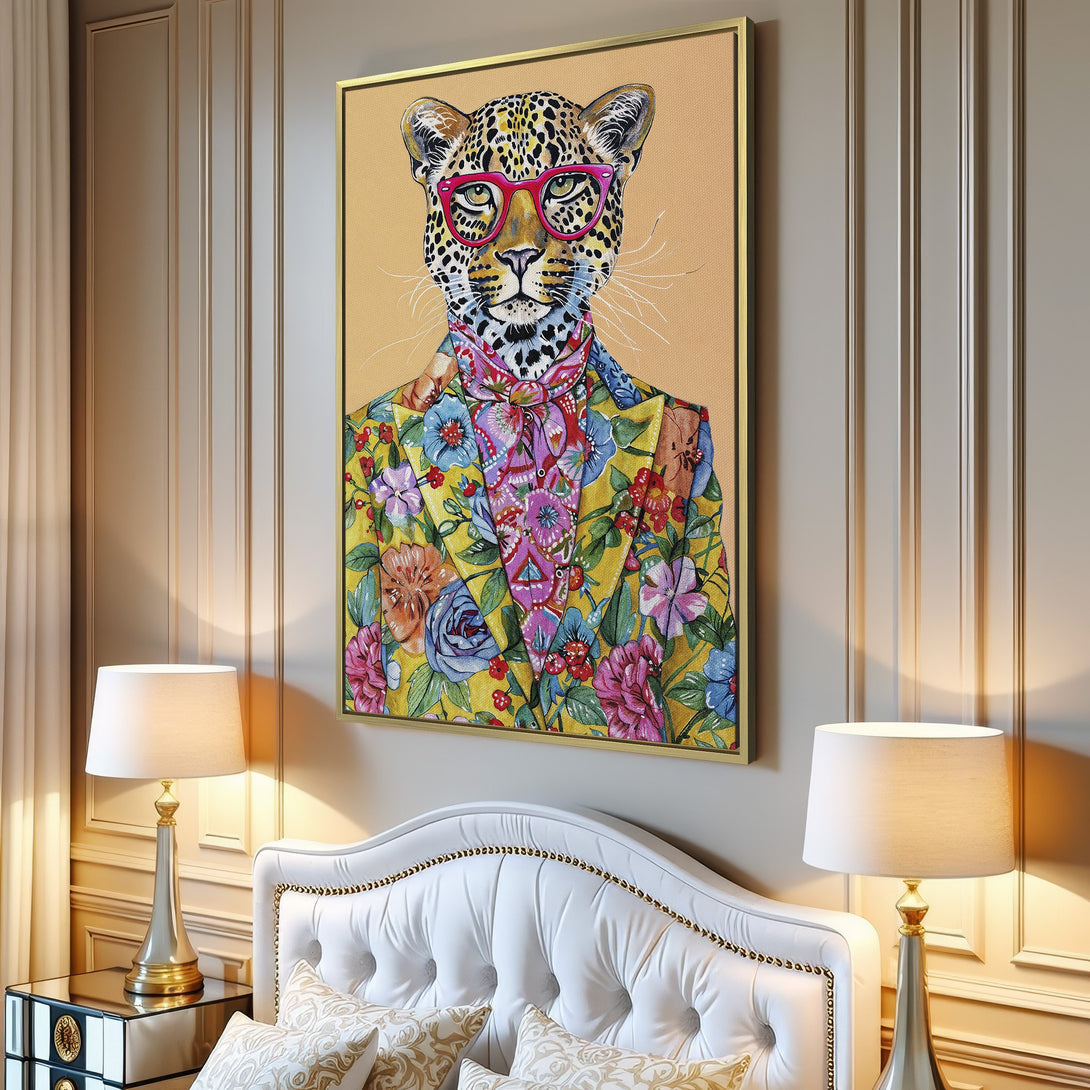 Canvas Print of a stylish leopard in a floral suit. Vibrant colors and whimsical style. Perfect wall art for your home!