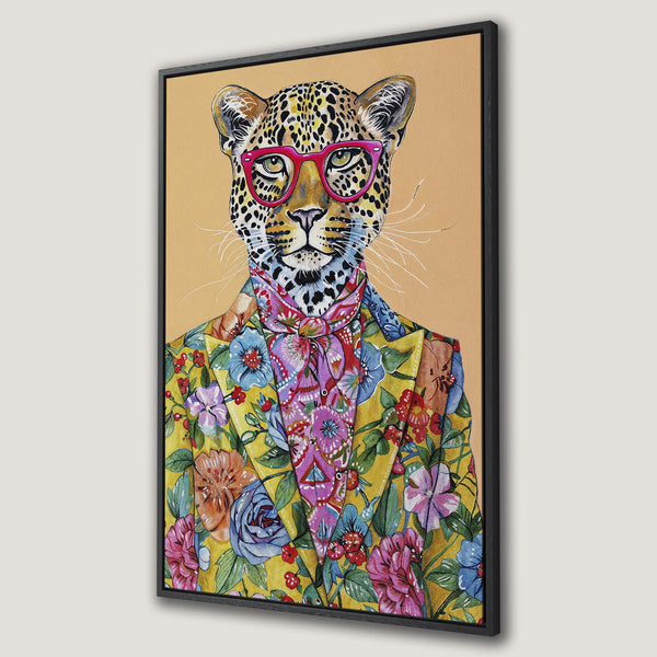 Framed Wall Art: Stylish leopard in floral suit, vibrant colors. Modern canvas print for unique home decor. Add a touch of whimsy!