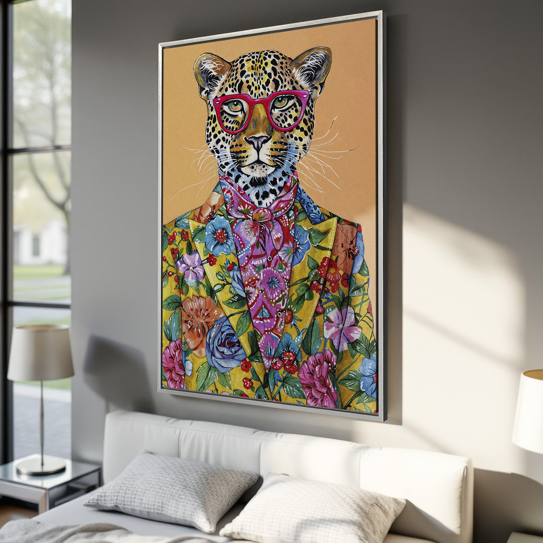 Framed Wall Art: Stylish leopard portrait in a floral suit, vibrant watercolor style. Features a warm color palette, perfect for adding personality to any room.