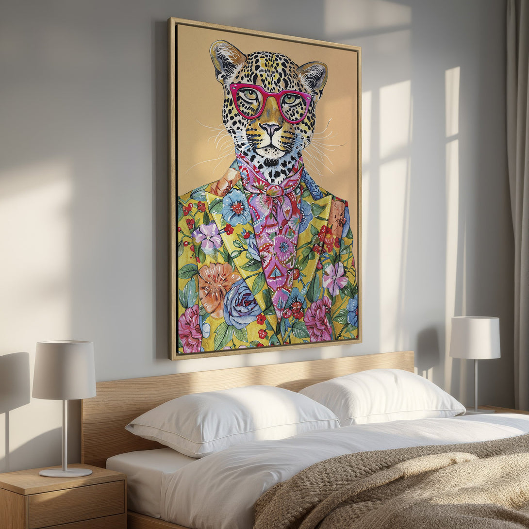Framed Wall Art: Stylish leopard portrait with floral jacket. Vibrant colors, playful style. Perfect for adding personality to your bedroom decor.