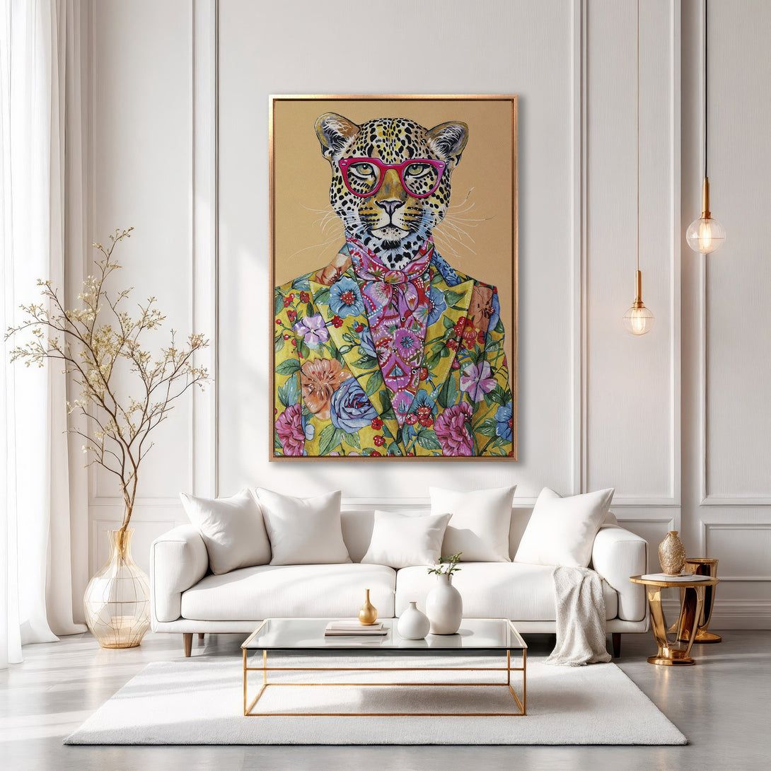 Framed Wall Art: Stylish leopard portrait in a floral suit, vibrant colors. Adds a touch of whimsy and sophistication to any room's decor.
