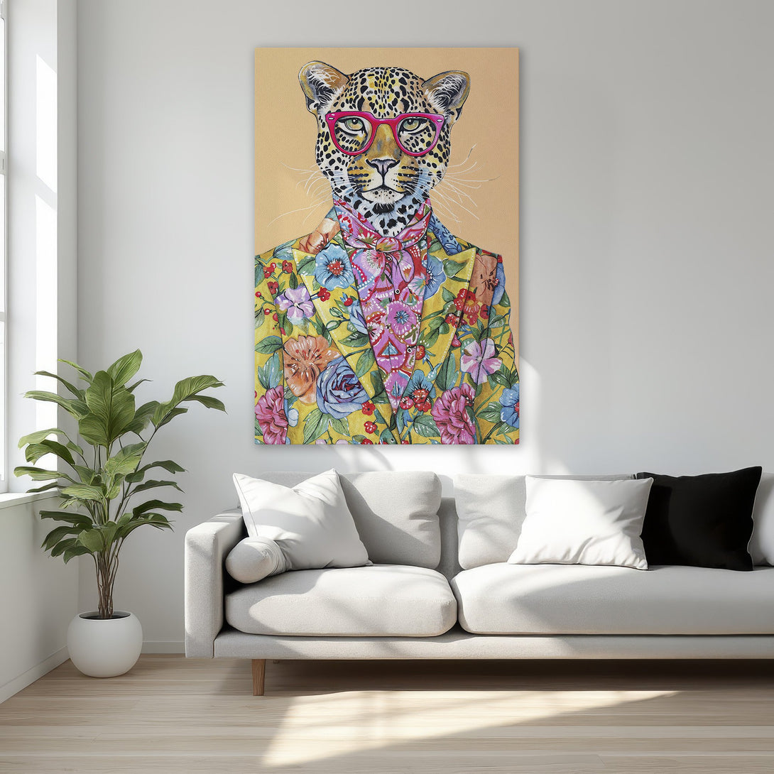 Framed Wall Art featuring a stylish leopard in a floral suit. Vibrant colors and whimsical design. Perfect for adding personality to any space.