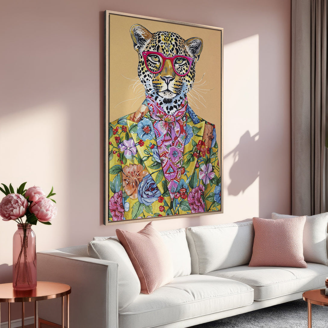 Framed Wall Art featuring a stylish leopard in a floral suit. Adds a pop of color with a vibrant, warm palette to any interior.